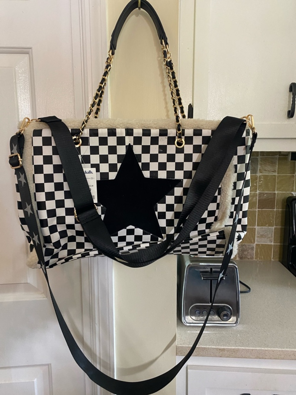 Checkerboard Star Travel Tote Bag in Black and White